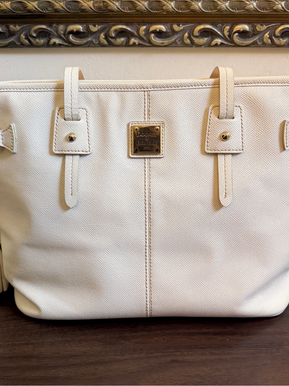 Dooney & Bourke Cream Saffiano Leather Tote Bag Quiet Luxury Shoulder Purse